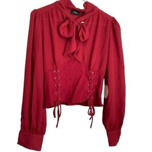 Milk & Honey Womens Front Bow Tie Sheer Bishop Sleeves Double Lace Up Blouse Top